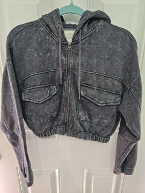 Stoosh Cropped Hooded Jacket Acid Wash Black Zip Up Cotton Blend Sz M